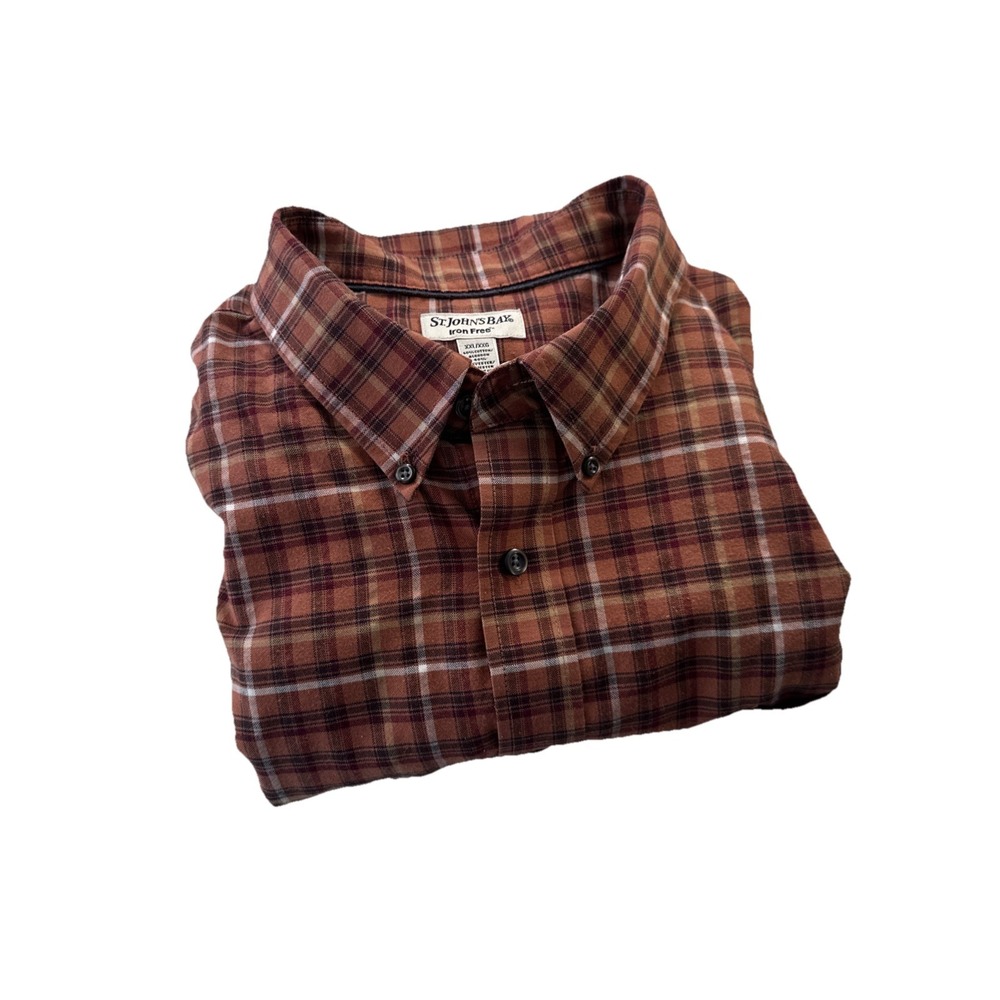 St Johns Bay Mens Shirt XXL Iron Free Grunge Fall Plaid Orange Brown Long Sleeve